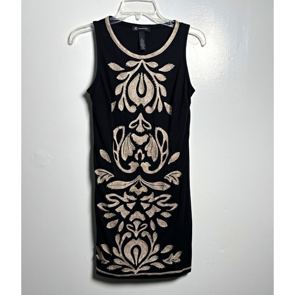 INC International Concepts Women S Black Slvless Sheath Gold Embroidered Dress